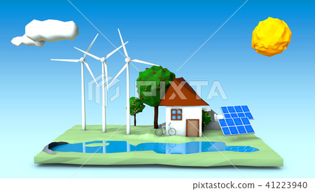 house,wind turbines,solar panels on a green square 41223940