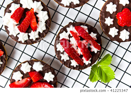 Round strawberry cookies on white background Round strawberry cookies on white background 41225347