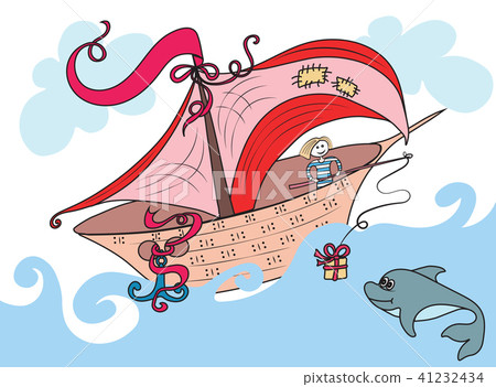 illustration、fairytale、boat、sea、ocean、bait Dolphin 41232434