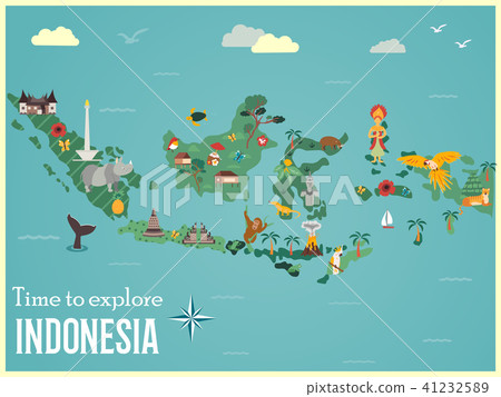 Indonesian map with animals and landmarks 41232589