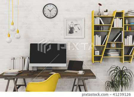 Interior of working area with desktop computer. 3d Interior of working area with desktop computer. 3d 41239126
