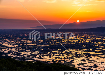 "Toyama prefecture" Morning view of a rice paddy field and Tonami plain of a watercolor "From Ouyoyama" 41239427