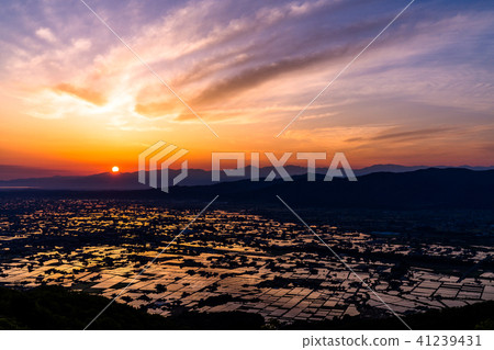 "Toyama prefecture" Morning view of a rice paddy field and Tonami plain of a watercolor "From Ouyoyama" "Toyama prefecture" Morning view of a rice paddy field and Tonami plain of a watercolor "From Ouyoyama" 41239431