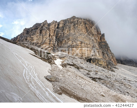 Tre Cime di Lavaredo rocks hidden in gentle fog. Tre Cime di Lavaredo rocks hidden in gentle fog. 41244427