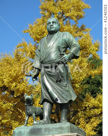 Ueno Park's stature of Saigo Takamori that was colored by the yellow leaves of Ginkgo biloba 41246503