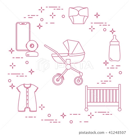 Stroller, crib, baby monitor, bottle, clothes Stroller, crib, baby monitor, bottle, clothes 41248507
