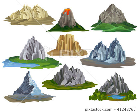 Flat vectoe set of natural landscape elements. Large mountains surrounded with green grass and small Flat vectoe set of natural landscape elements. Large mountains surrounded with green grass and small 41248763