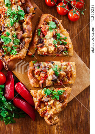 Sliced traditional Turkish pide with meat Sliced traditional Turkish pide with meat 41250282