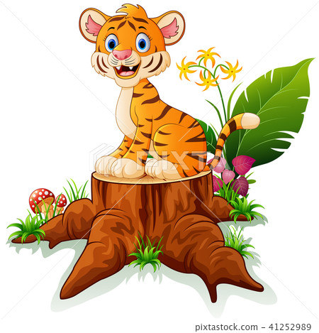 Cartoon tiger sitting on tree stump - Stock Illustration [41252989] - PIXTA
