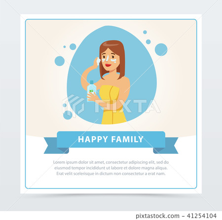 Young woman applying cream on her face, daily hygiene procedure, happy family banner flat vector Young woman applying cream on her face, daily hygiene procedure, happy family banner flat vector 41254104