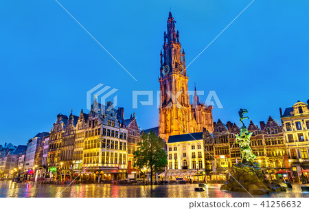 The Cathedral of Our Lady and the Silvius Brabo Fountain on the Grote Markt Square in Antwerp 41256632