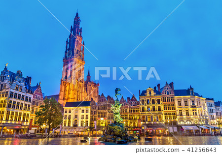 The Cathedral of Our Lady and the Silvius Brabo Fountain on the Grote Markt Square in Antwerp The Cathedral of Our Lady and the Silvius Brabo Fountain on the Grote Markt Square in Antwerp 41256643
