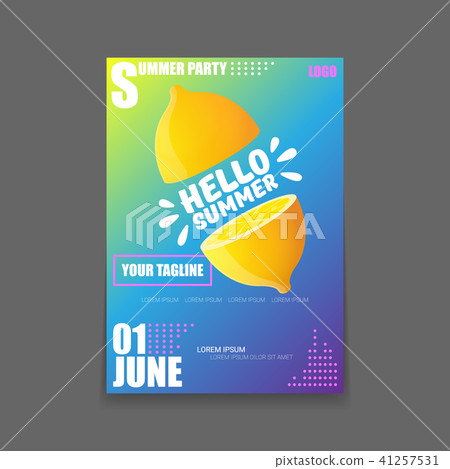 Vector Hello Summer Beach Party vertical A4 poster Design template or mock up with fresh lemon on 41257531