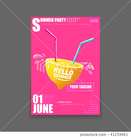 Vector Hello Summer Beach Party vertical A4 poster Design template or mock up with fresh lemon on Vector Hello Summer Beach Party vertical A4 poster Design template or mock up with fresh lemon on 41259461