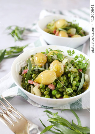 Green stewed vegetables with onions and lardons Green stewed vegetables with onions and lardons 41260641