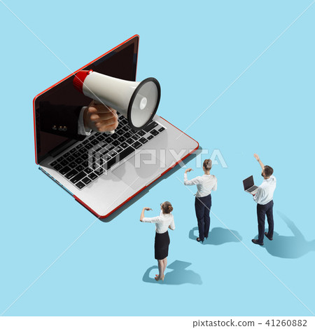 Flat isometric view of businessmen and woman and laptop with male hand with megaphone 41260882