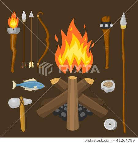 Stone age vector aboriginal primeval historic hunting primitive people weapon and house life symbols 41264799