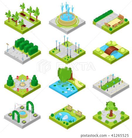 Park vector landscape of parkland with green garden trees and fountain or pond in city illustration 41265525