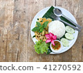 Green curry chicken in a plate on a wooden table.  41270592