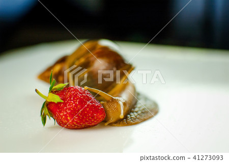 Studio Shot of Large Snail Achatina Eating Red Ripe Strawberries. Studio Shot of Large Snail Achatina Eating Red Ripe Strawberries. 41273093