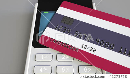 Payment or POS terminal with credit card featuring flag of Thailand. Thai retail commerce or banking Payment or POS terminal with credit card featuring flag of Thailand. Thai retail commerce or banking 41275758