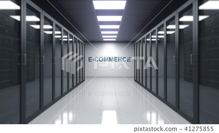 E-COMMERCE caption on the wall of a server room. Conceptual 3D rendering E-COMMERCE caption on the wall of a server room. Conceptual 3D rendering 41275855