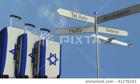 Travel baggage featuring flag of Israel, airplane and city sign post. Israeli tourism conceptual 3D Travel baggage featuring flag of Israel, airplane and city sign post. Israeli tourism conceptual 3D 41276281