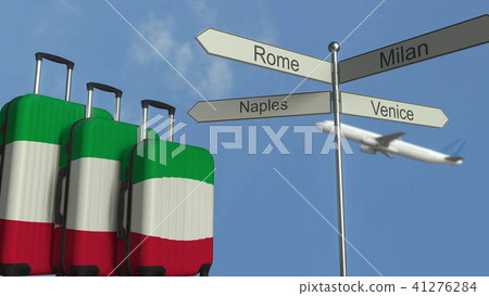 Travel baggage featuring flag of Italy, airplane and city sign post. Italian tourism conceptual 3D Travel baggage featuring flag of Italy, airplane and city sign post. Italian tourism conceptual 3D 41276284