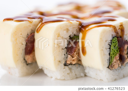Japanese food restaurant, sushi maki gunkan roll plate or platter set. Sushi set and composition Japanese food restaurant, sushi maki gunkan roll plate or platter set. Sushi set and composition 41276523