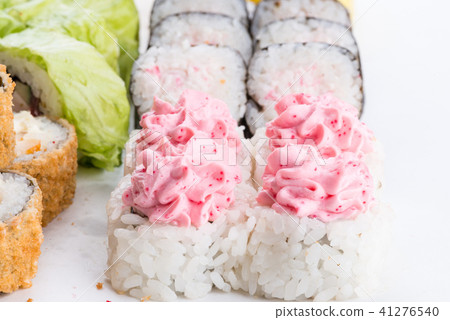 Japanese food restaurant, sushi maki gunkan roll plate or platter set. Sushi set and composition 41276540