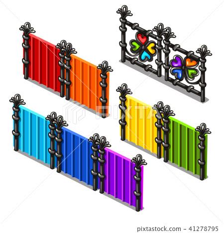 A set of fragments of colored fences isolated on white background. Vector cartoon close-up 41278795