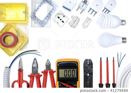 Top view of work tools for electrical installation Top view of work tools for electrical installation 41279489