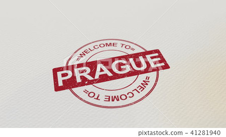 WELCOME TO PRAGUE stamp red print on the paper. 3D rendering WELCOME TO PRAGUE stamp red print on the paper. 3D rendering 41281940