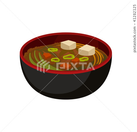Delicious miso soup in black bowl. Traditional Japanese dish. Flat vector element for promo poster Delicious miso soup in black bowl. Traditional Japanese dish. Flat vector element for promo poster 41282125