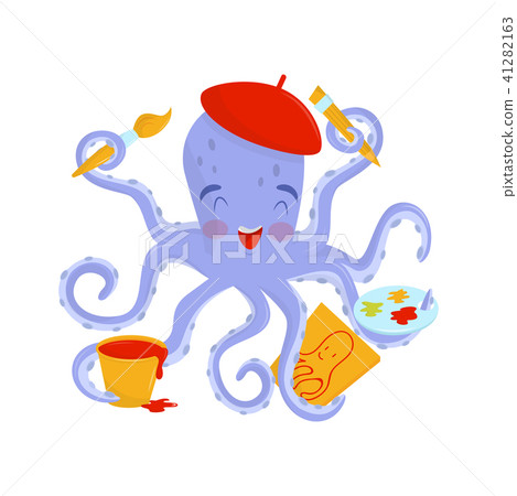 Joyful octopus artist with pink cheeks in red beret. Funny sea animal holding drawing tools in Joyful octopus artist with pink cheeks in red beret. Funny sea animal holding drawing tools in 41282163