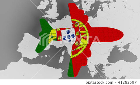 Airplane puzzle featuring flag of Portugal against the world map. Portuguese tourism conceptual 3D 41282597