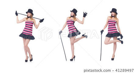 Young pretty woman dancing with walking stick isolated on white Young pretty woman dancing with walking stick isolated on white 41289497