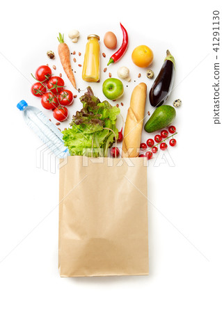 Image of paper bag with vegetables, juice, orange, loaf 41291130