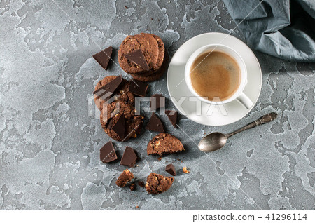 Chocolate biscuits and a cup of coffee. Top view 41296114