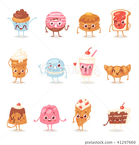Cartoon cake character vector chocolate sweets confectionery cupcake emotion and sweet confection 41297660