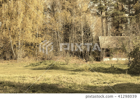 Vintage, rustic wooden house, patio of farm at the edge of the picturesque forest in autumn Vintage, rustic wooden house, patio of farm at the edge of the picturesque forest in autumn 41298039