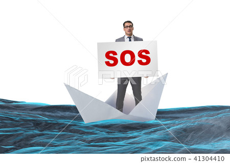 Businessman asking for help with SOS message on boat Businessman asking for help with SOS message on boat 41304410