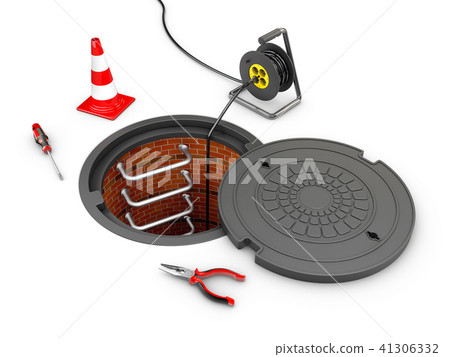 3d Illustration of Manhole cover open with tools 41306332