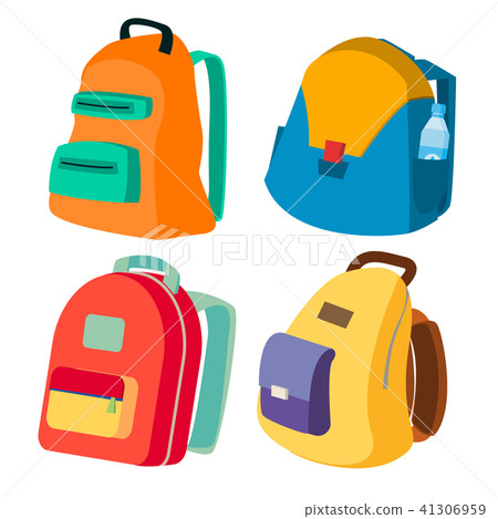 Schoolbag Set Vector. Closed Backpacks Side View. Colored School Modern Backpacks. Isolated Flat 41306959