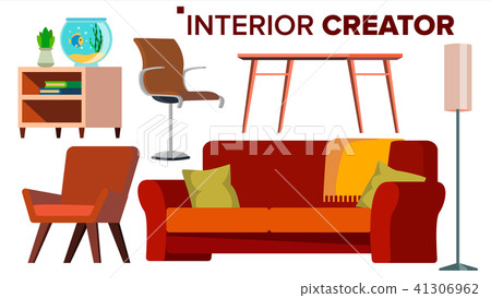 Furniture Creator Vector. Living Room. Modern Chair Objects. Sofa, Armchair, Lamp, Table, Bedside Furniture Creator Vector. Living Room. Modern Chair Objects. Sofa, Armchair, Lamp, Table, Bedside 41306962