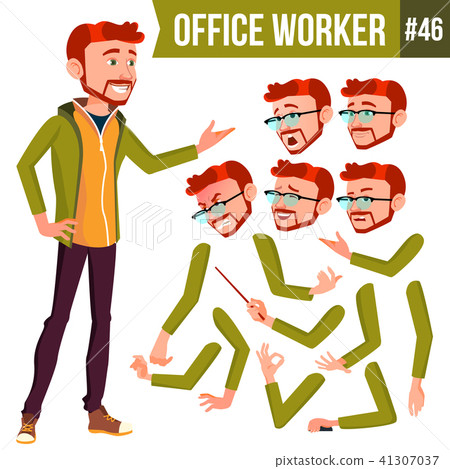 Office Worker Vector. Red Head. Face Emotions, Various Gestures. Animation Creation Set. Businessman 41307037