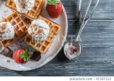 Belgian Wafers with vanilla ice cream. Top view 41307222