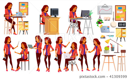 Office Worker Vector. Woman. Business Human. Lady Face Emotions, Various Gestures. Isolated Flat Office Worker Vector. Woman. Business Human. Lady Face Emotions, Various Gestures. Isolated Flat 41309399