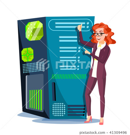 Data Center Vector. Hosting Server And Woman. Storage Cloud. Network And Database Support. Isolated 41309496