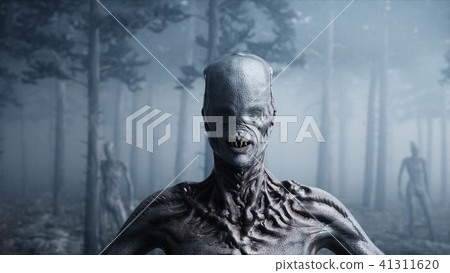 scary monster in fog night forest. Fear and horror. Mistic and ufo concept. 3d rendering. 41311620